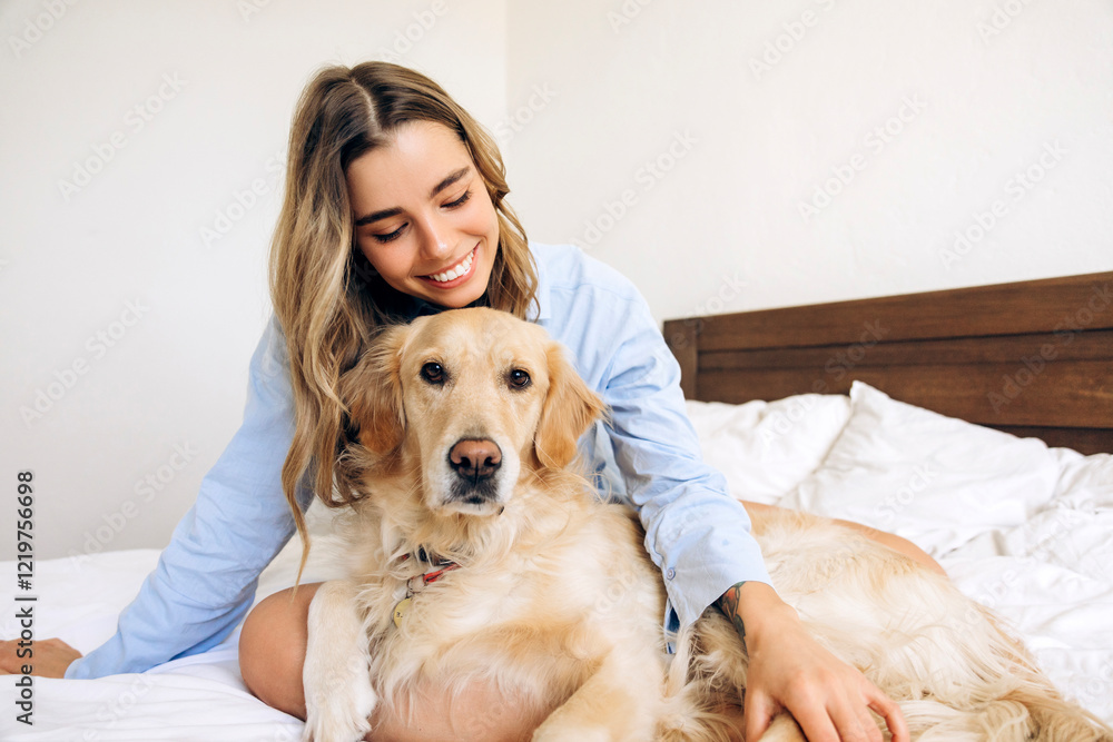 Smiling woman embracing golden retriever on bed Smiling woman embracing golden retriever on bed