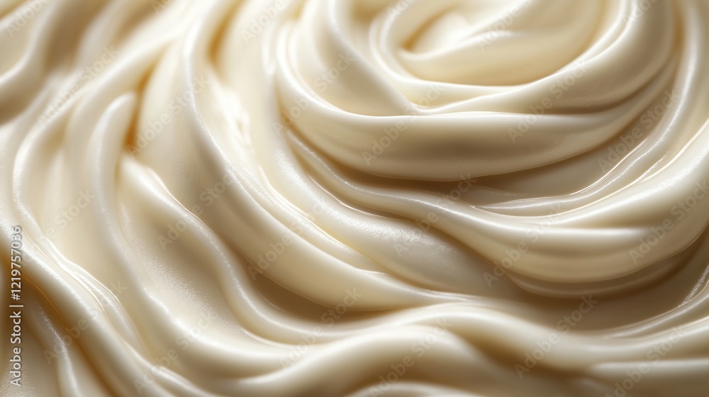 Obraz premium Close-up view of creamy white yogurt. Smooth texture with flowing waves. Natural light highlights product. Creamy dairy product. Healthy, fresh food. Soft, beautiful food background. Top view.