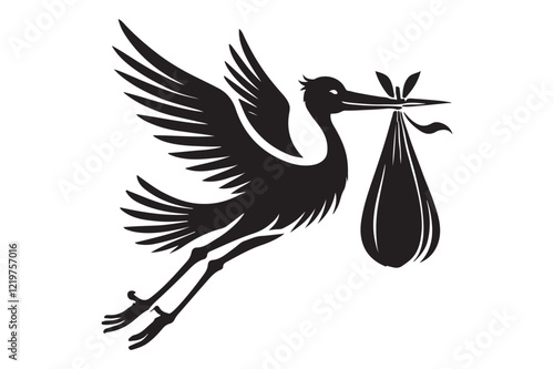 silhouette of stork holding a baby basket icon