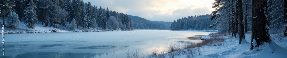 Lush forest with a frozen lake in the background, trees, landscape Lush forest with a frozen lake in the background, trees, landscape