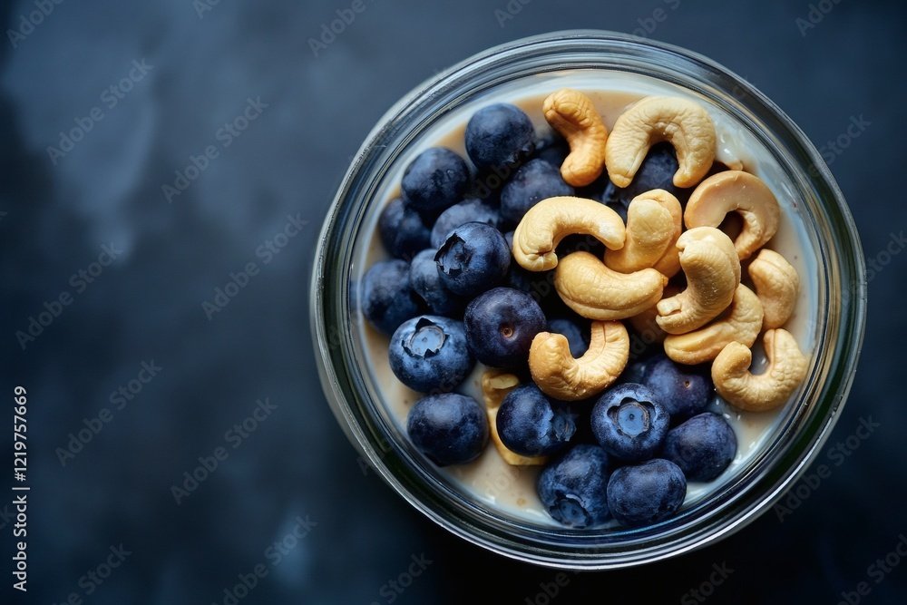 Clear glass jar with protein yogurt, blueberries, and cashew nuts. Clear glass jar with protein yogurt, blueberries, and cashew nuts.