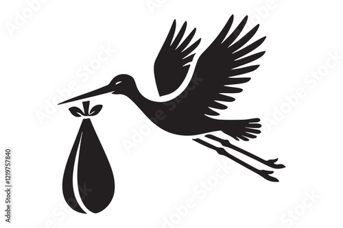 silhouette of stork holding a baby basket icon