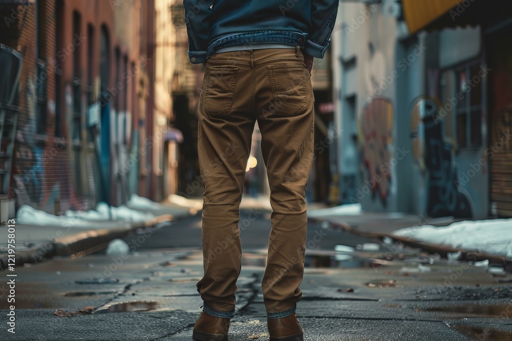 Man wearing brown pants and boots standing in back alley with graffiti on walls Man wearing brown pants and boots standing in back alley with graffiti on walls