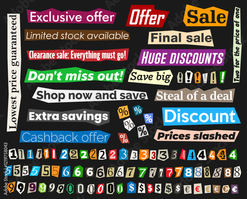 Paper cut from newspapers and magazine notice. Colorful collage of sale, offer and discount tags with bold typography and vibrant design on a dark background. Vector illustration.