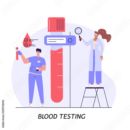 Health Blood Testing Concept Web Banner. Medical Doctor Examining or Checking Patient. Concept of Healthcare, Health Insurance, Medical Report. Vector illustration for Web Design