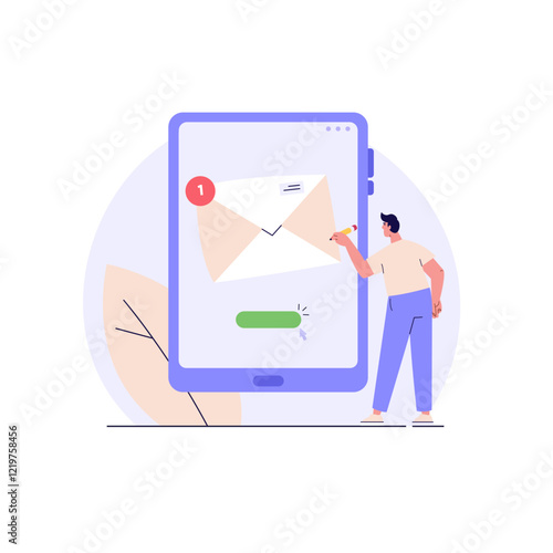 Person is using a megaphone to promote the benefits of email marketing. Concept of email marketing promotion, mail campaign, newsletter mail sending. Vector illustration in flat cartoon design.