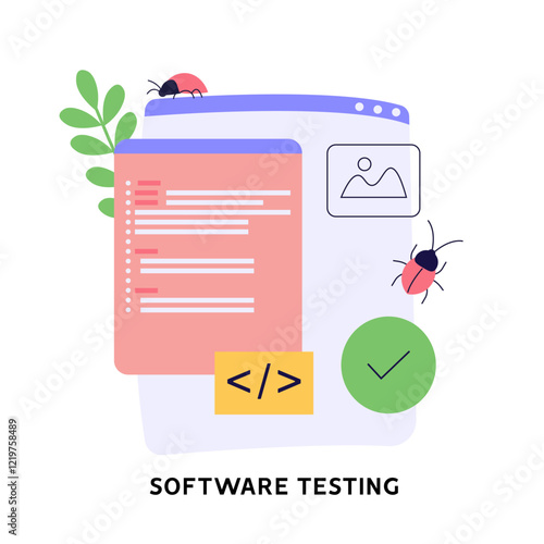Software testing illustration. Coders working with code testing and debugging, searching bugs. Concept of software testing, bug report, quality assurance, fixing program code. Vector flat design