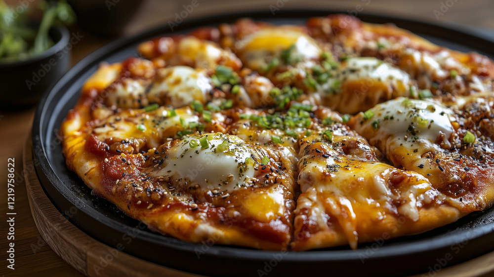 Satisfying korean barbecue pizza topped with gochujang sauce and eggs Satisfying korean barbecue pizza topped with gochujang sauce and eggs