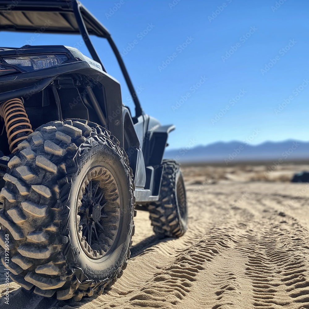 Close-up of a rugged ATV on a dust trail Close-up of a rugged ATV on a dust trail