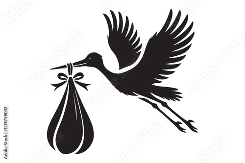 silhouette of stork holding a baby basket icon