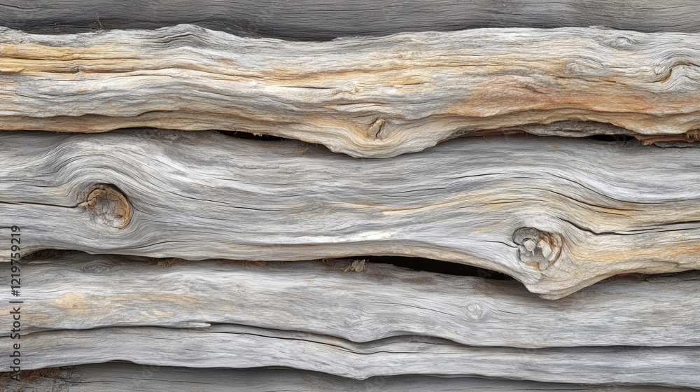 Fototapeta premium A texture of driftwood planks, showcasing natural gray and beige tones, organic imperfections, and a weathered look for a coastal and serene vibe