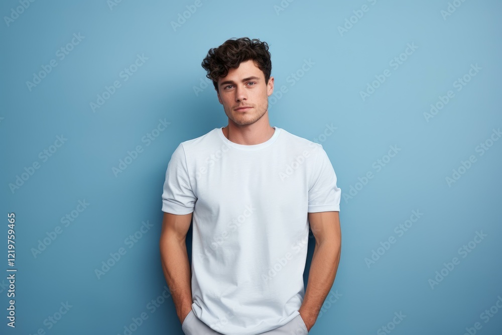Studio shot of a confident young man posing with hands in pockets, wearing a white t shirt against a blue background Studio shot of a confident young man posing with hands in pockets, wearing a white t shirt against a blue background