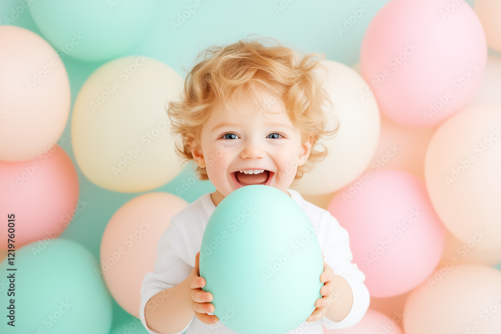 A toddler with curly hair laughs heartily while clutching a large Easter egg. Soft pastel balloons create a cheerful background, enhancing the playful atmosphere of the moment A toddler with curly hair laughs heartily while clutching a large Easter egg. Soft pastel balloons create a cheerful background, enhancing the playful atmosphere of the moment