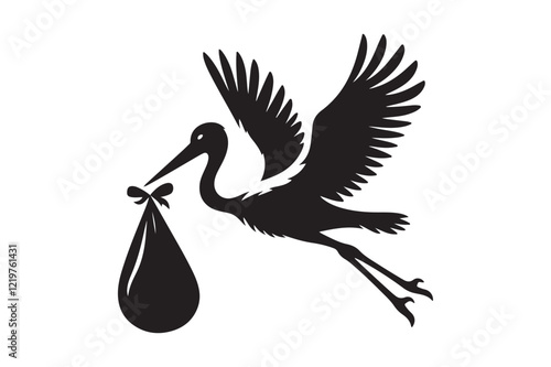 silhouette of stork holding a baby basket icon