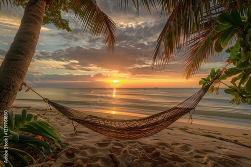 Fototapeta Naklejka Na Ścianę i Meble -  Relaxing hammock hanging between palm trees on a beautiful sandy beach during a vibrant sunset