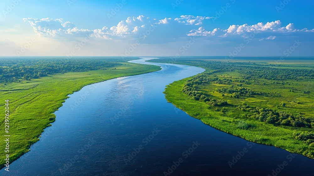 Aerial view of a winding river through lush green landscape under a blue sky. Aerial view of a winding river through lush green landscape under a blue sky.