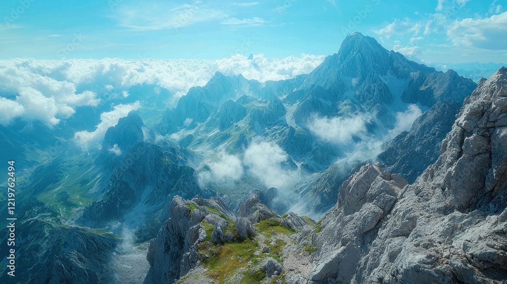 Naklejka premium Aerial view of majestic mountain peaks and valleys covered in clouds.