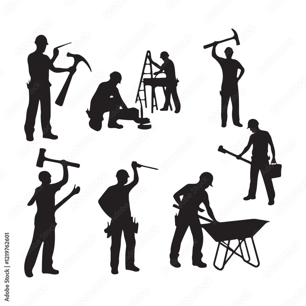 Silhouettes of people and musicians in various poses with tools, dancing, and engaging in activities Silhouettes of people and musicians in various poses with tools, dancing, and engaging in activities