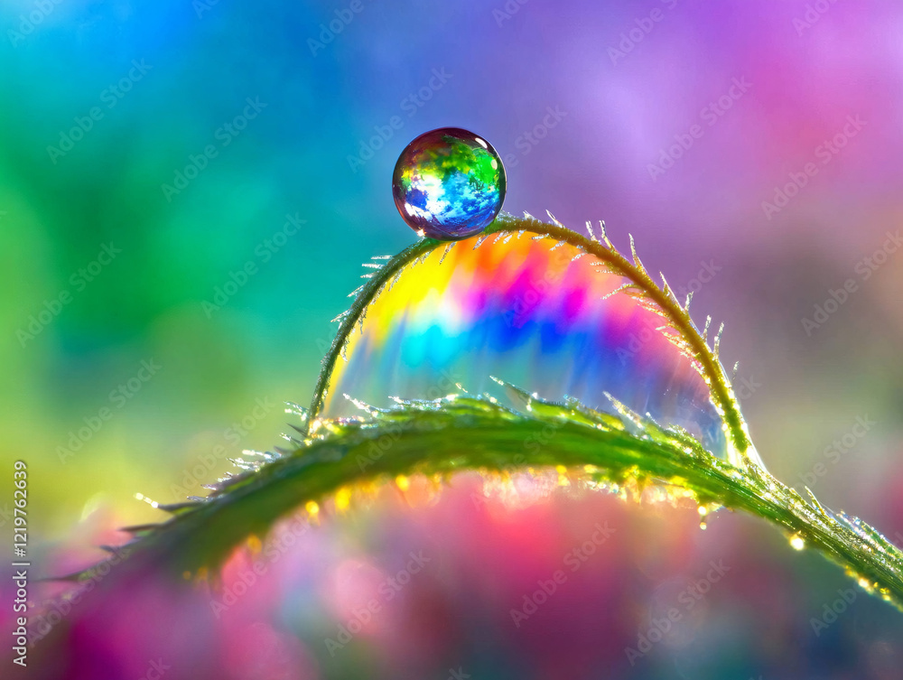 Single dew drop on a blade of grass reflecting rainbow colors, glowing against a softly blurred colorful background, showcasing natural beauty and delicate textures Single dew drop on a blade of grass reflecting rainbow colors, glowing against a softly blurred colorful background, showcasing natural beauty and delicate textures