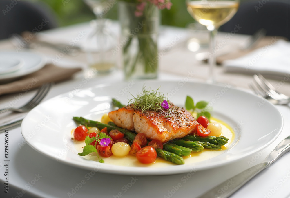 Pan-Seared Salmon Fillet with Asparagus, Cherry Tomatoes, and White Wine Sauce Pan-Seared Salmon Fillet with Asparagus, Cherry Tomatoes, and White Wine Sauce