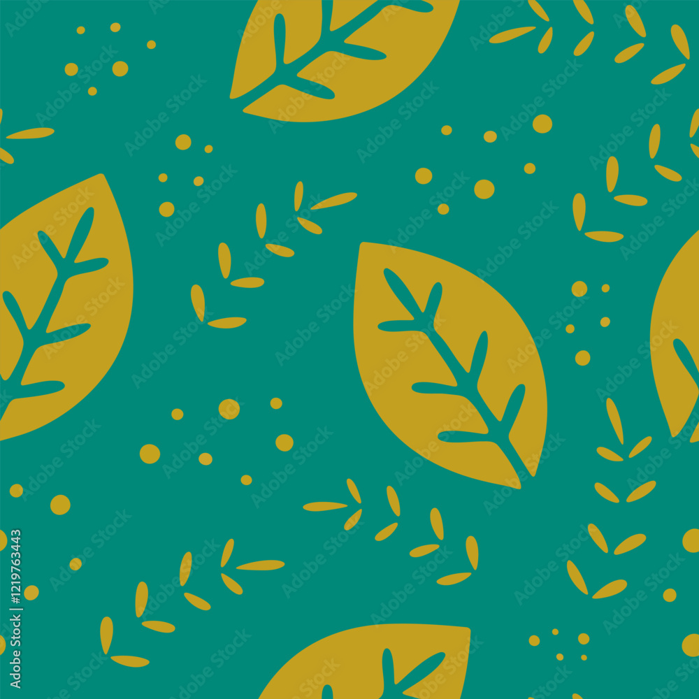 Seamless botanical pattern featuring golden leaves, small branches, and scattered dots on deep green background. Ideal for textiles, wallpapers, and digital designs. Seamless botanical pattern featuring golden leaves, small branches, and scattered dots on deep green background. Ideal for textiles, wallpapers, and digital designs.