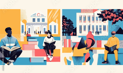 Minimalist University Education Illustration with Students Reading and Campus Architecture