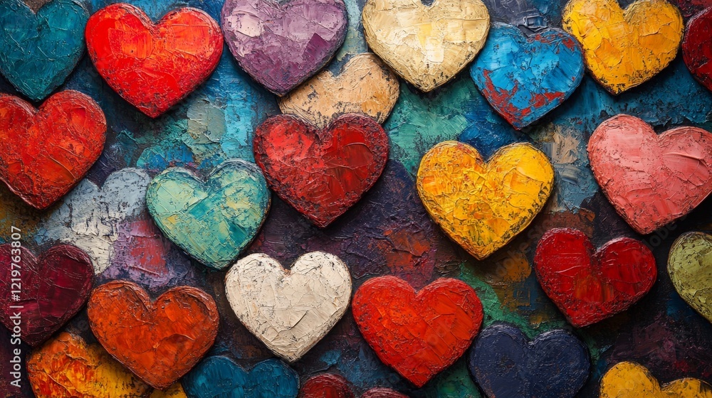 Obraz premium A colorful collection of watercolor hearts in warm tones. Ideal for Valentine's Day designs, romantic themes, and emotional connection visuals.