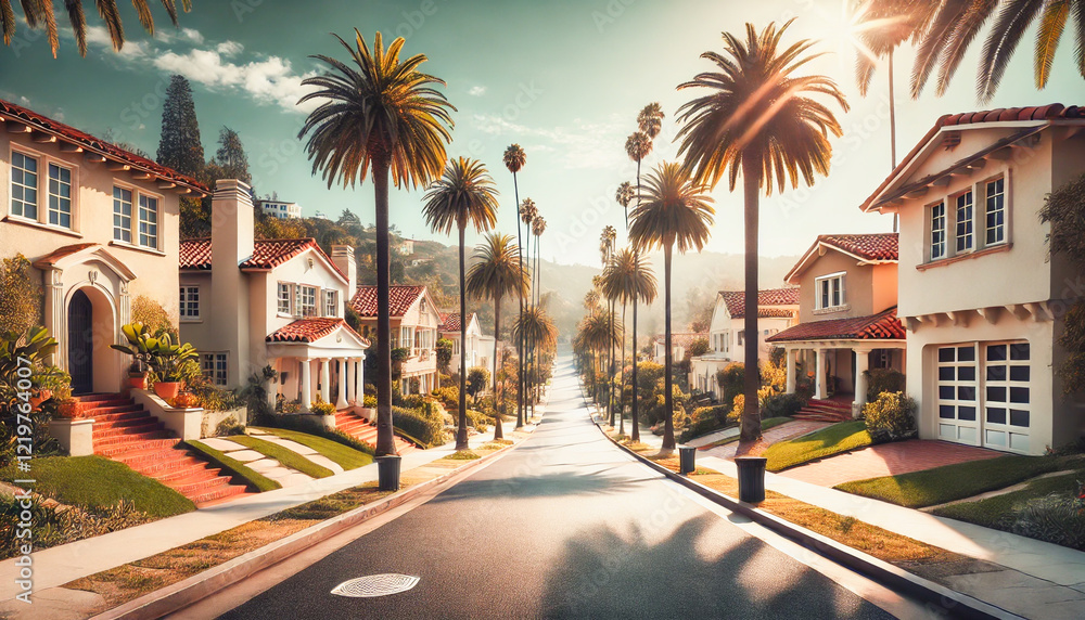 Fototapeta premium Peaceful palm-lined neighborhood glowing in golden sunlight.