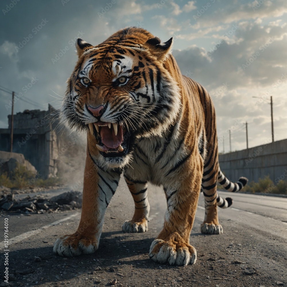 Obraz premium tiger in the river, tiger in the forest, AI images, nature photography, nature AI photo, tiger ai image, Close-up of a tiger tiger on the wall Dominanter Tiger laeuft auf dem Fahrweg