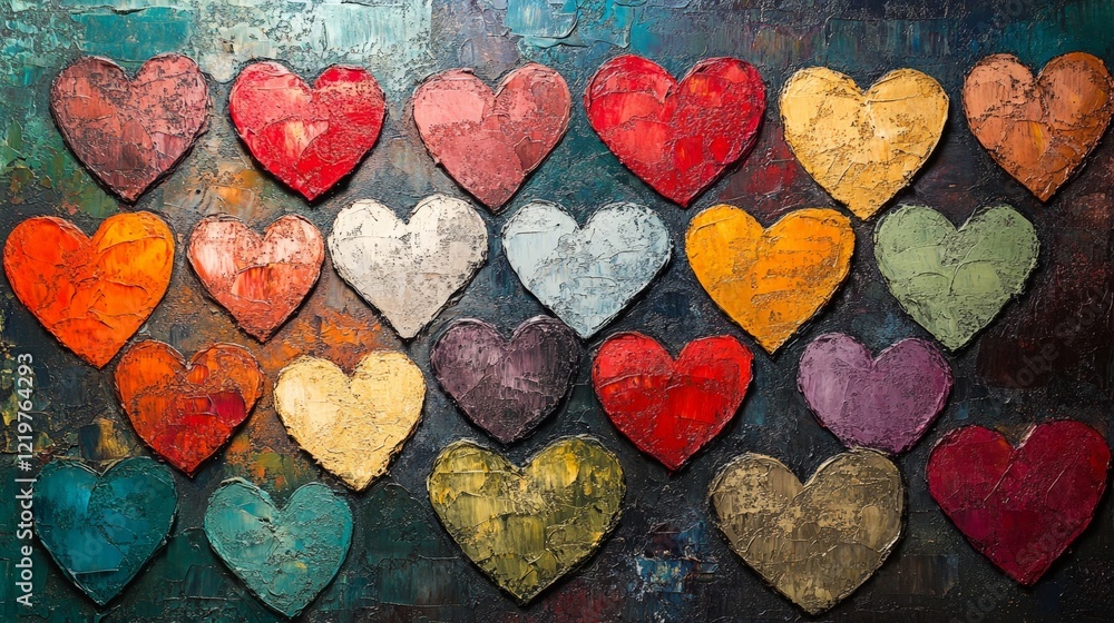 Obraz premium A colorful collection of watercolor hearts in warm tones. Ideal for Valentine's Day designs, romantic themes, and emotional connection visuals.