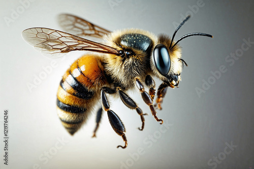 Close-up view of a bee in mid-flight showcasing detailed features and vibrant colors photo