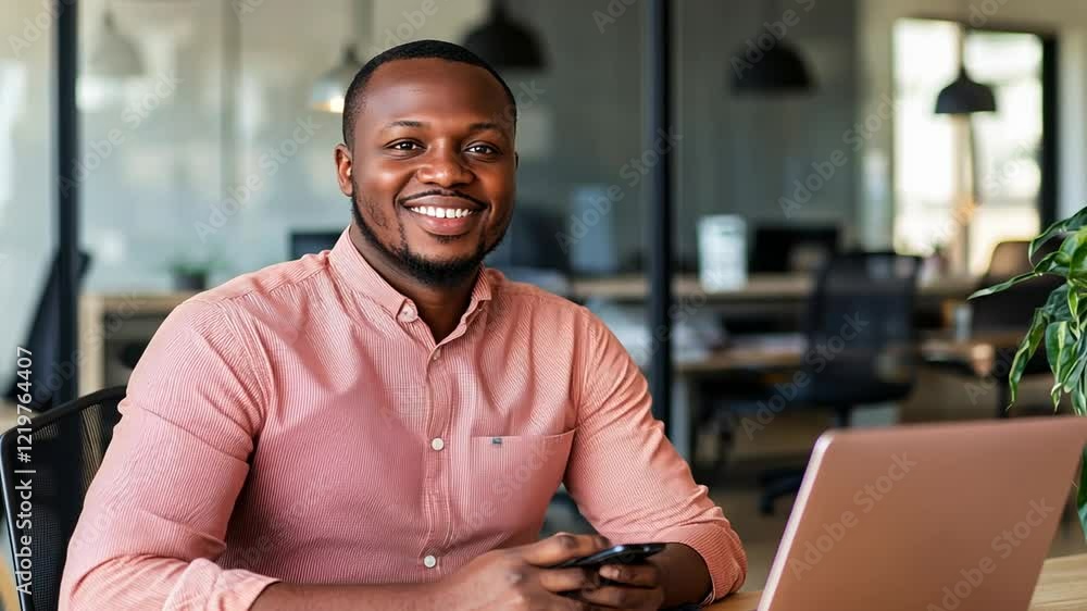 Cheerful man working in office with laptop and smartphone Cheerful man working in office with laptop and smartphone