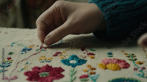 A delicate hand elegantly embroiders vibrant floral patterns onto fabric, showcasing craftsmanship and artistic detail.