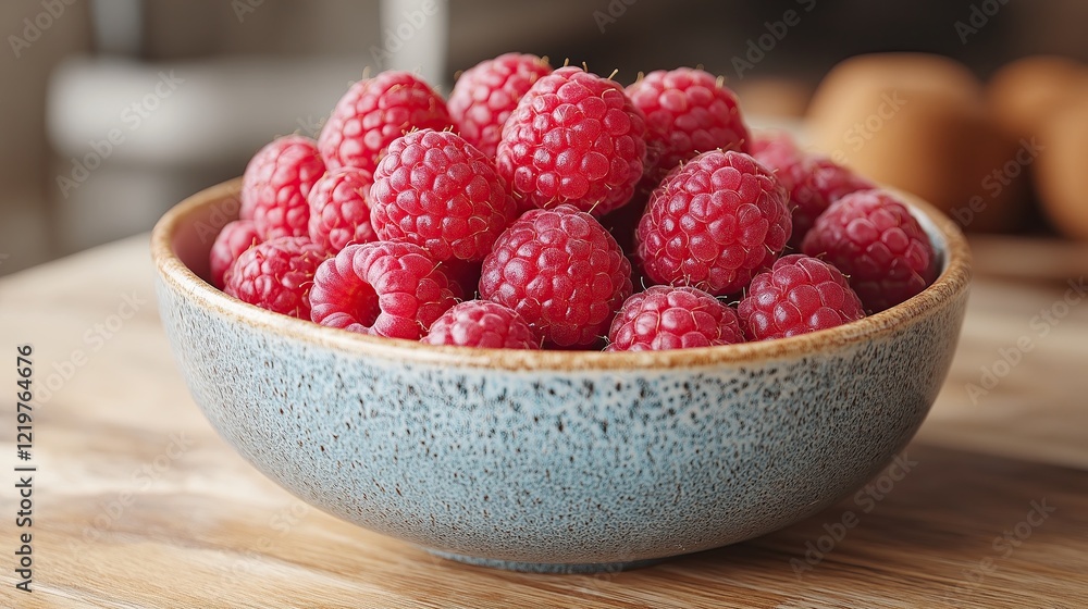 Fresh raspberries in a blue ceramic bowl displayed on a wooden kitchen table Fresh raspberries in a blue ceramic bowl displayed on a wooden kitchen table