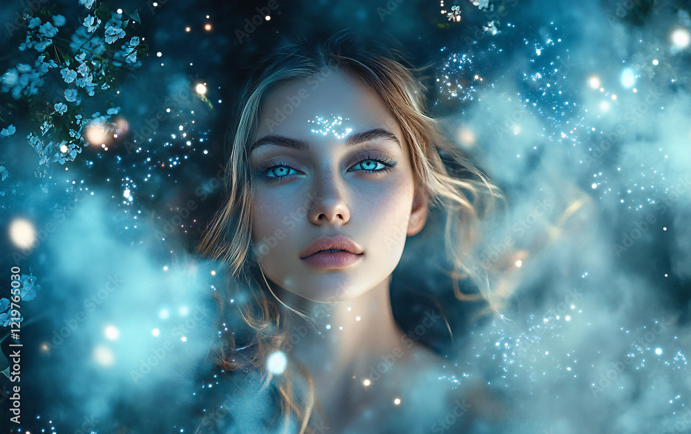 Beautiful woman surrounded by glowing snowflakes, illuminated by cool-toned light in a dreamy winter setting, evoking elegance, seasonal magic, and serene beauty Beautiful woman surrounded by glowing snowflakes, illuminated by cool-toned light in a dreamy winter setting, evoking elegance, seasonal magic, and serene beauty