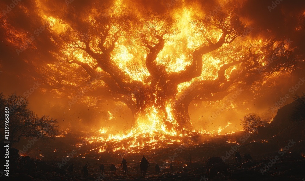 Fototapeta premium Fiery tree engulfing figures in a hellish landscape.