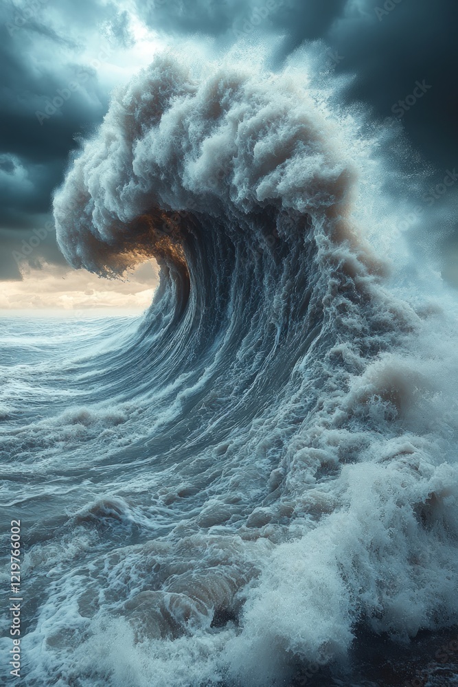 Fototapeta premium Massive ocean wave, stormy sky, dramatic scene.