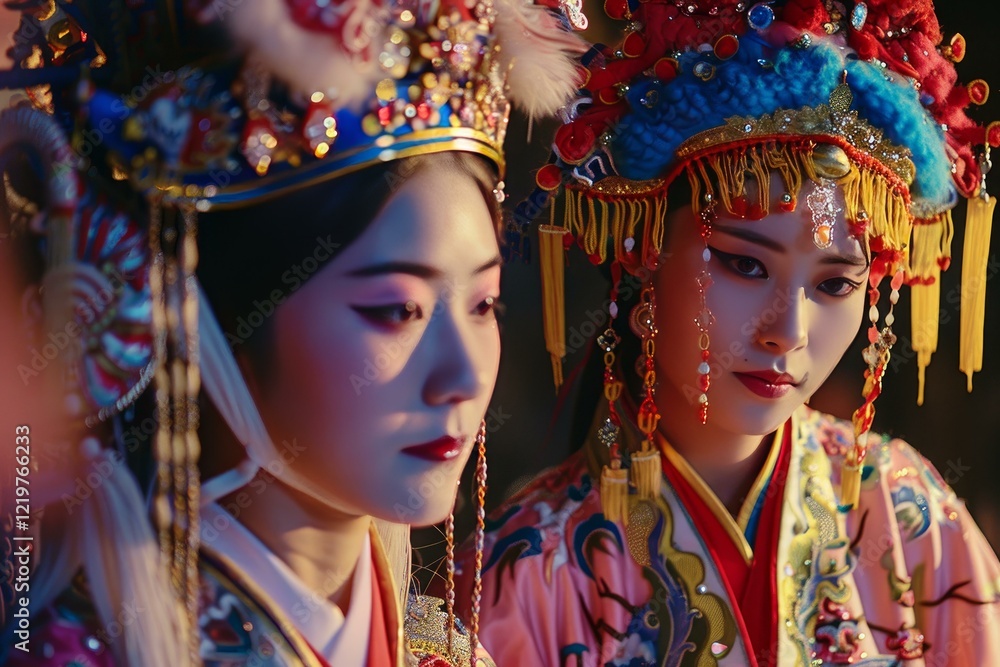 Two young chinese opera actresses wearing colorful traditional costumes and elaborate headdresses Two young chinese opera actresses wearing colorful traditional costumes and elaborate headdresses
