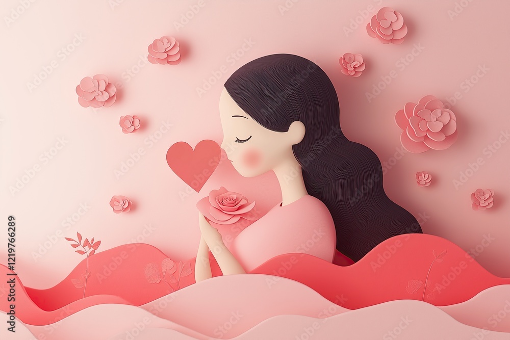 .Pink card with a woman in profile, flowers, and a heart .Pink card with a woman in profile, flowers, and a heart
