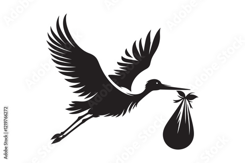 silhouette of stork holding a baby basket icon
