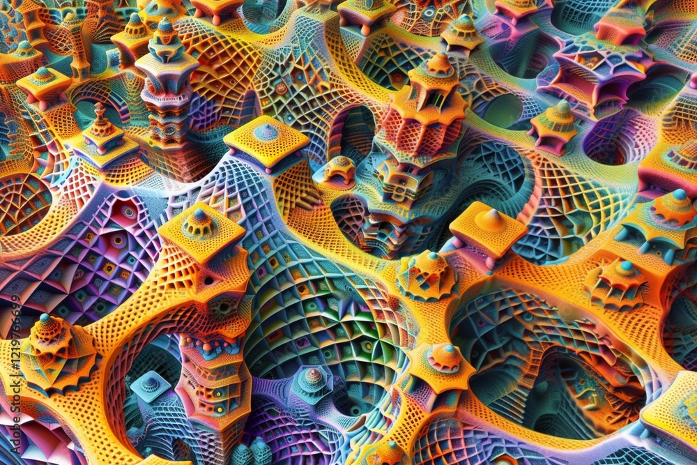 Seamless Fractal Multiverse Pattern with Complex Isometry and Vibrant 3D Geometric Design. Seamless Fractal Multiverse Pattern with Complex Isometry and Vibrant 3D Geometric Design.