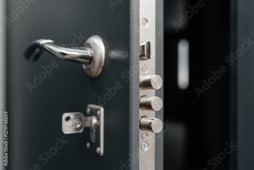 modern metal door to apartment, lock in three rods form, door slightly open, key in keyhole, coming home concept