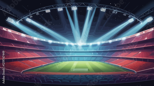 Football stadium illuminated by floodlights. Vector realistic illustration of bright lamps shining over night soccer pitch with green grass, empty sport arena ready for competition or music show