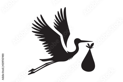 silhouette of stork holding a baby basket icon