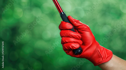 A gloved hand grips a golf club, poised for the perfect swing amidst a lush green field. Ideal for golf enthusiasts. photo