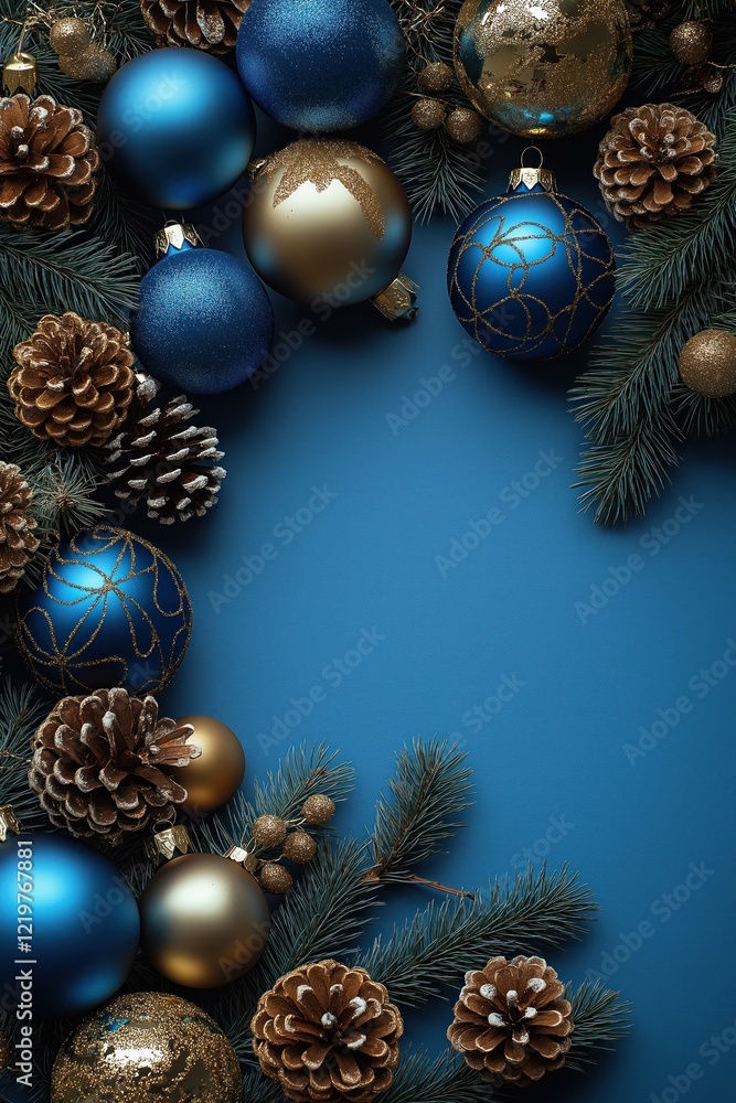 Elegant Christmas decorations. Blue, gold ornaments arranged on dark blue background with pine branches, pine cones. Festive, stylish winter holiday decor for Christmas card or background design. Elegant Christmas decorations. Blue, gold ornaments arranged on dark blue background with pine branches, pine cones. Festive, stylish winter holiday decor for Christmas card or background design.
