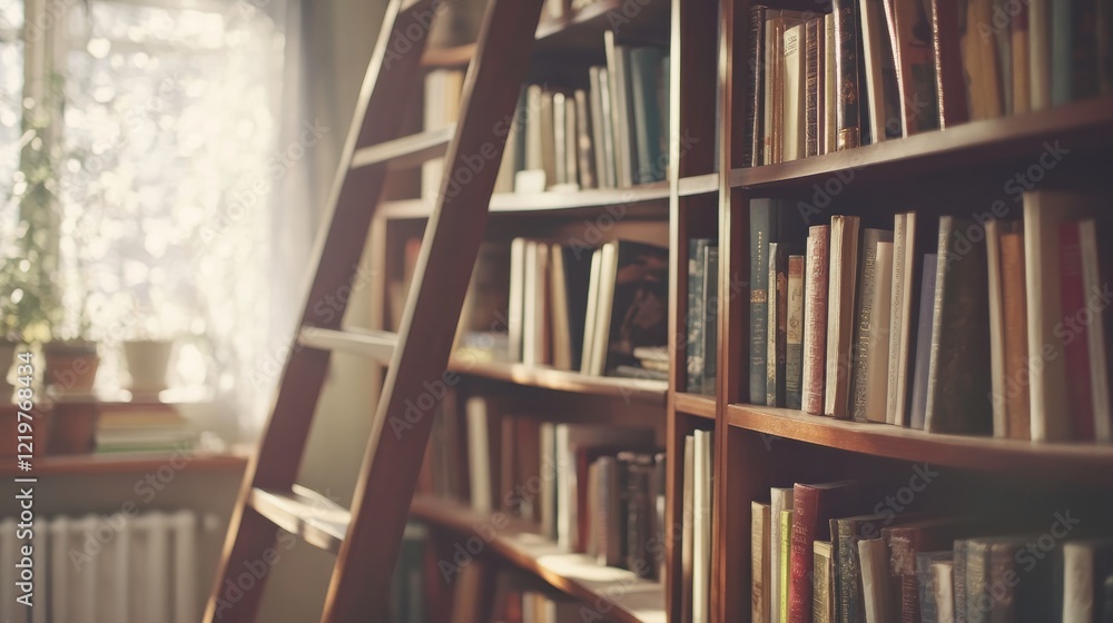 Cozy Home Library with Dark Wood Bookshelves and Ladder Cozy Home Library with Dark Wood Bookshelves and Ladder