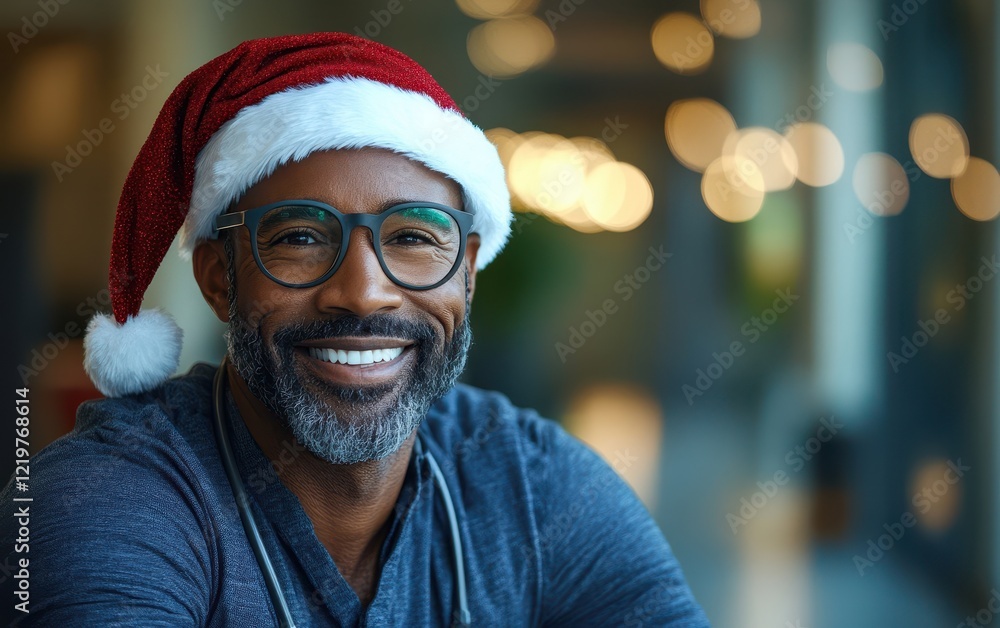 Smiling man with glasses and a Santa hat enjoys a festive atmosphere in a cozy indoor setting decorated with holiday lights during the Christmas season Smiling man with glasses and a Santa hat enjoys a festive atmosphere in a cozy indoor setting decorated with holiday lights during the Christmas season