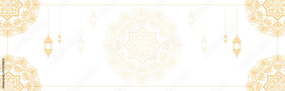 WebLuxury white golden mandala and hanging lamps. Eid mubarak ramadan or ramadhan islamic background banner frame.