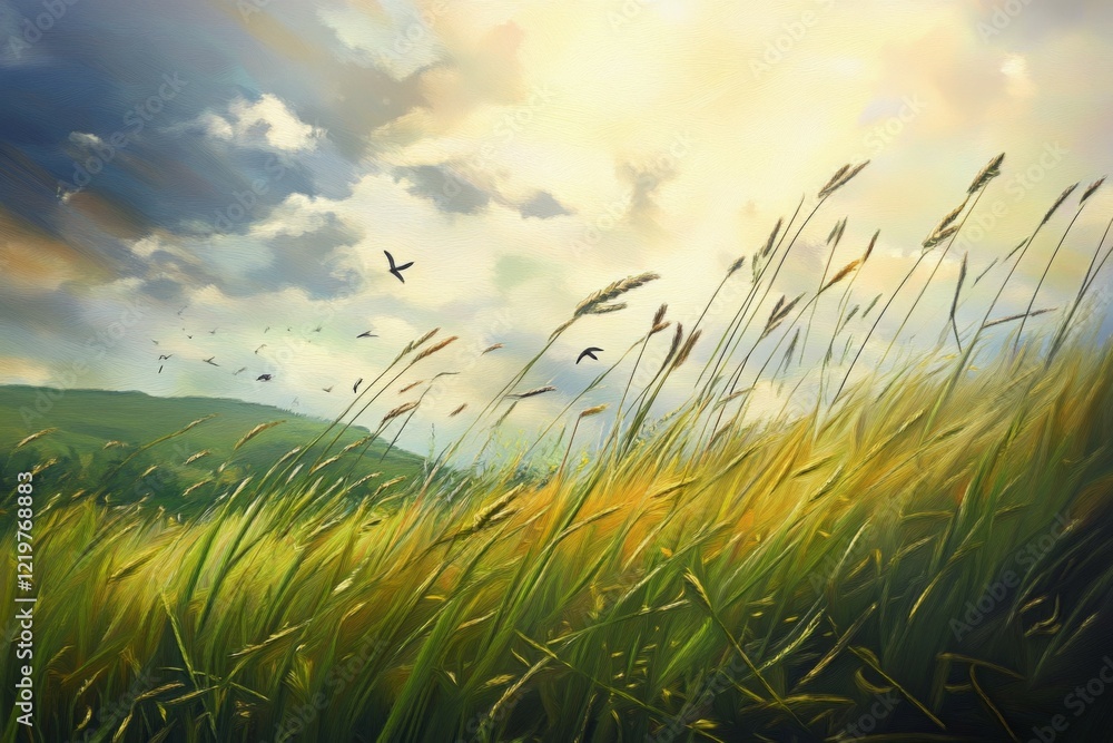 Obraz premium A field of corn stalks leaning in unison as strong winds blow through. Generative AI